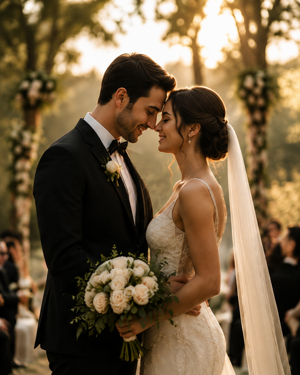 Golden hour wedding embrace