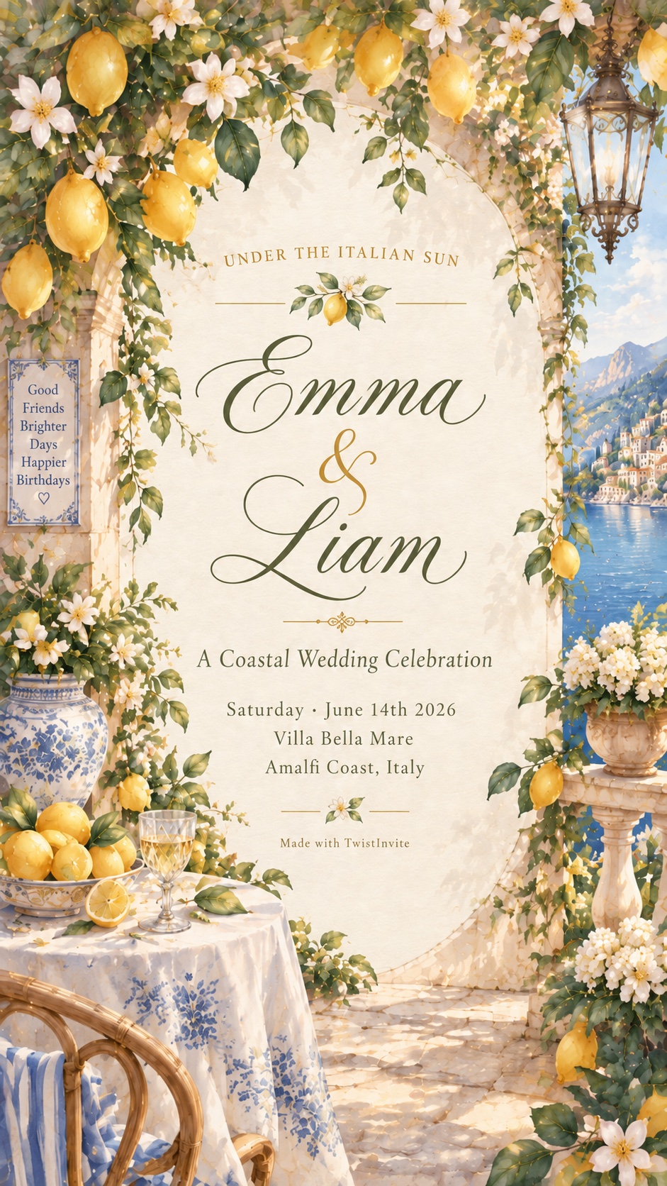 Italian Coast Wedding video invitation preview with Amalfi Coast lemons and elegant wedding typography