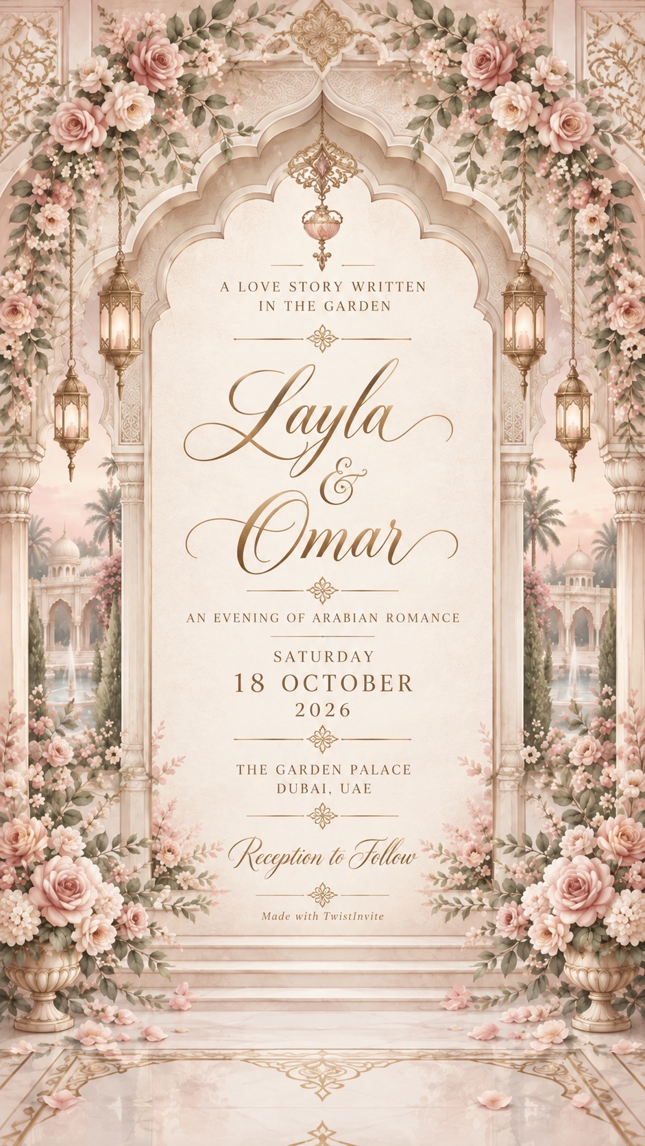 Romantic Arabian Garden Wedding invitation template with pink floral Layla and Omar garden palace details