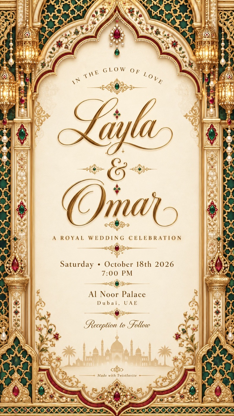 Royal Palace Wedding video invitation template with green and gold Layla and Omar wedding details